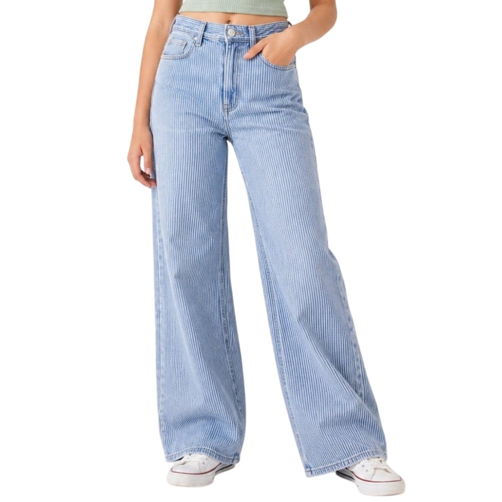 Abercrombie Kids High Rise Wide Leg Striped Jeans Blue White Size 13/14 Regular